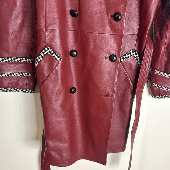 Vtg Spiegel Womens Houndstooth Trim Genuine Leather Overcoat size 12 Crimson - Picture 6 of 11